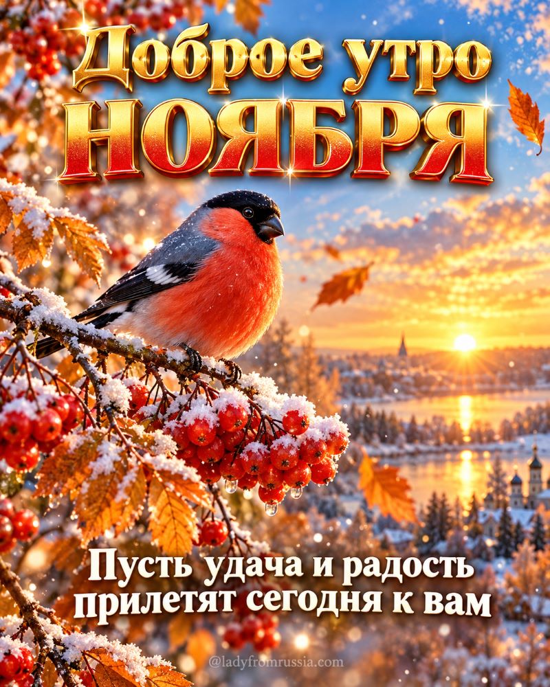Открытка доброе утро ноября: снегирь на ветке рябины