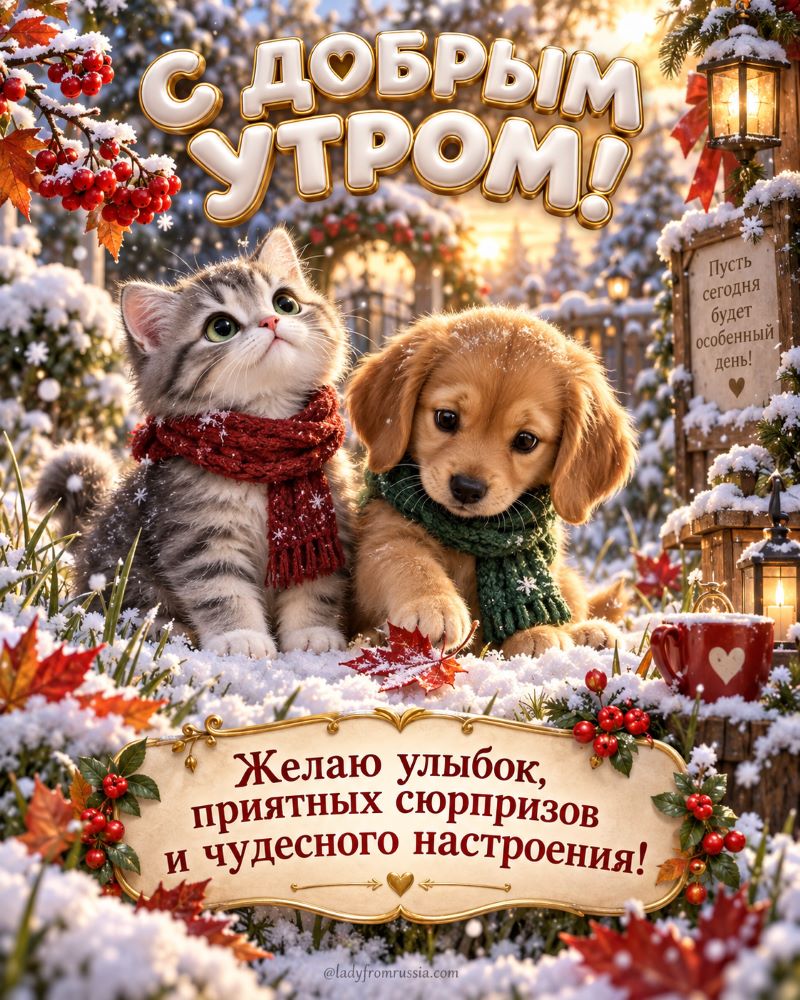 Зимняя открытка: котенок и щенок в шарфах и снегу