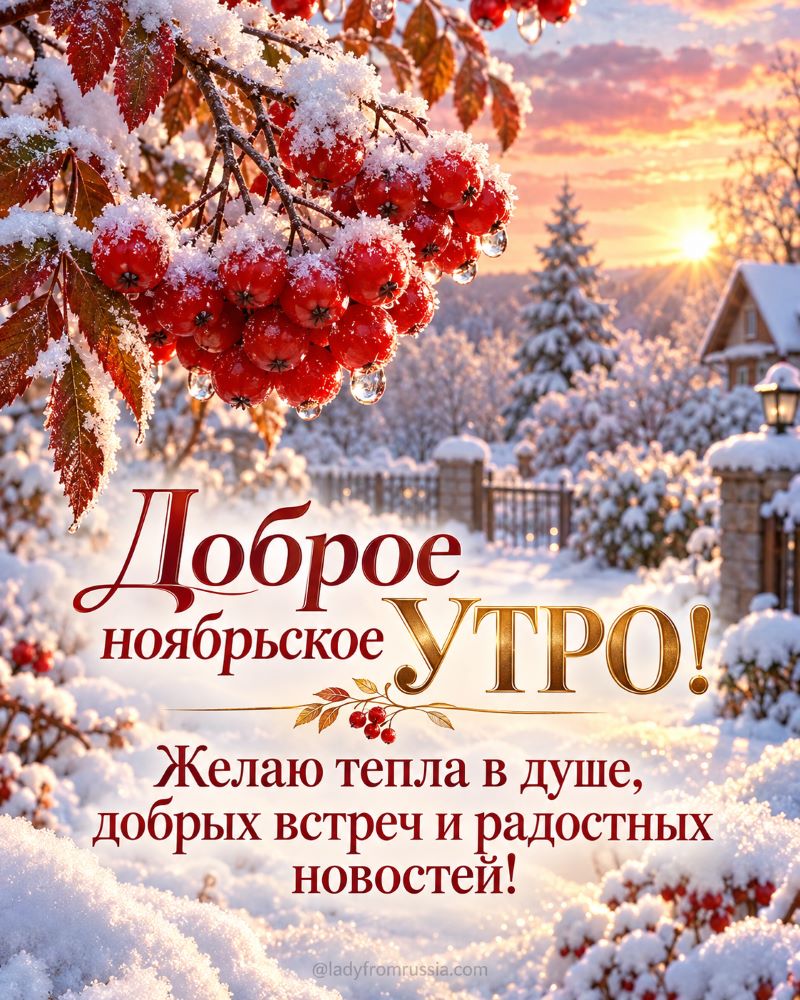 Зимнее утро ноября: ветка рябины в снегу на фоне рассвета