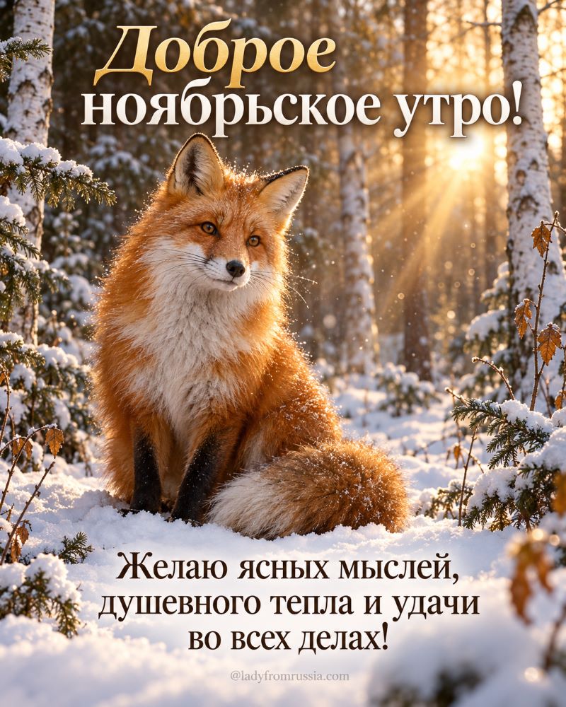 Лесное доброе утро: рыжая лиса в заснеженном зимнем лесу