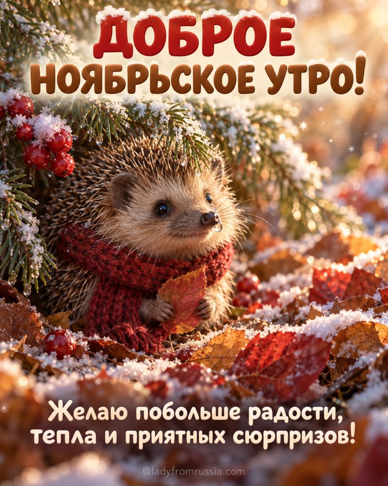 Сказочное ноябрьское утро: ежик в красном шарфе среди листьев