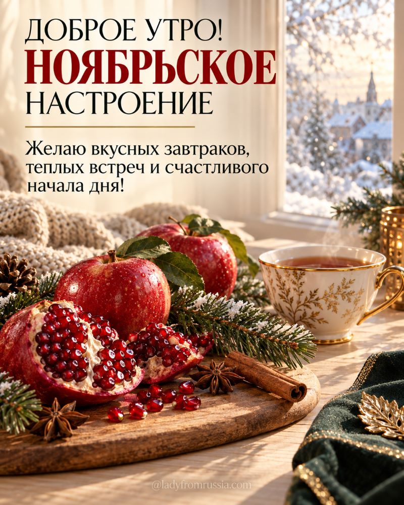 Атмосферное утро: гранат, яблоки и чай с видом на зимнее окно