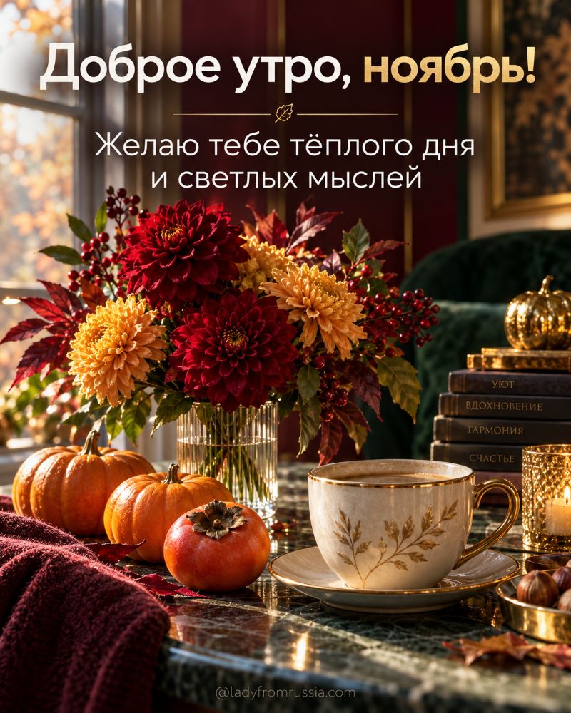 Эстетичное ноябрьское утро: букет хризантем, чай и тыквы