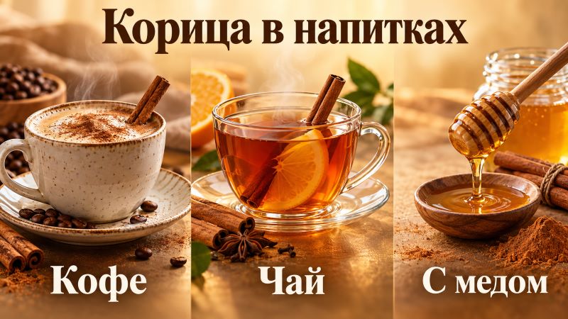 Коллаж: корица в кофе, чае и с медом — три способа добавления