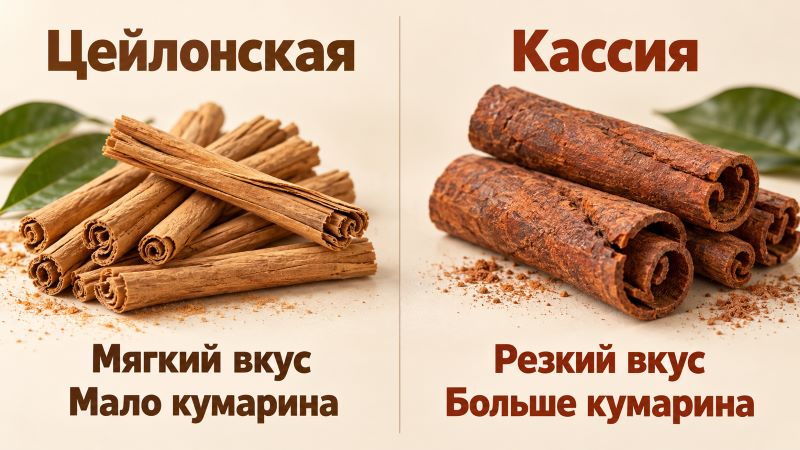 Сравнение корицы: цейлонская (мягкая) и кассия (резкая)