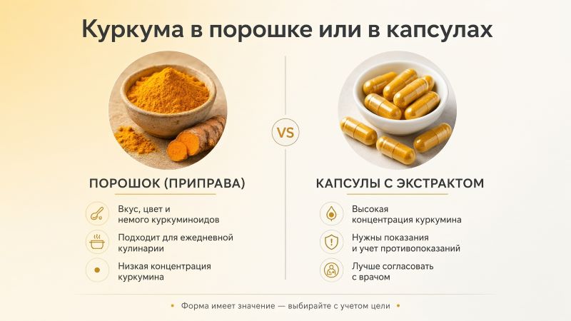 Куркума в порошке или капсулах: сравнение форм и свойств