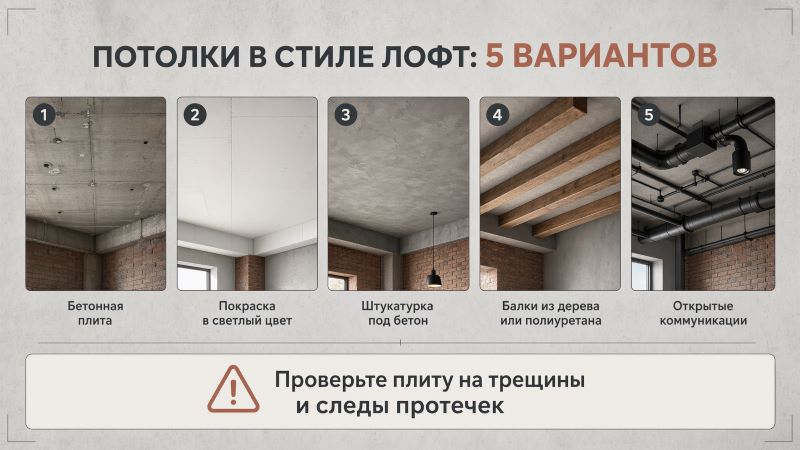 5 вариантов потолков в стиле лофт: бетон, балки, трубы