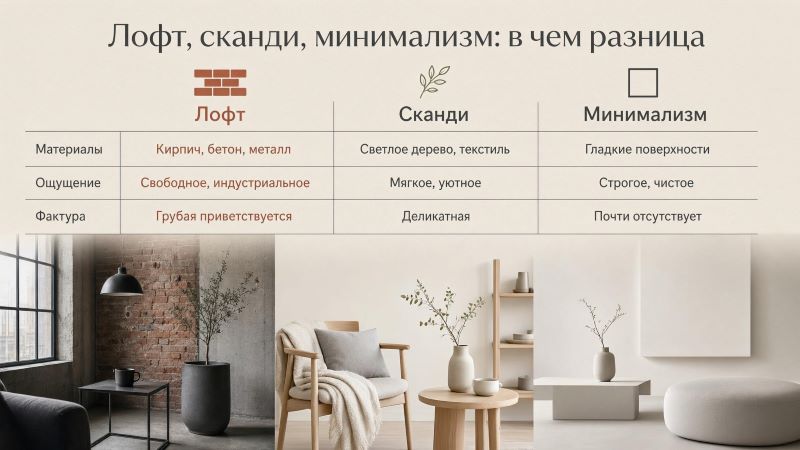 Сравнение стилей лофт, сканди и минимализм в таблице