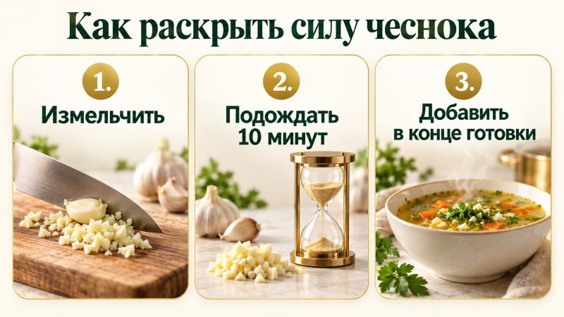 Как раскрыть силу чеснока: измельчить, подождать 10 минут, добавить в конце