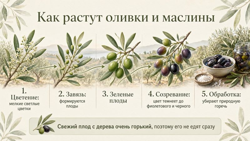 Как растут оливки и маслины: этапы созревания плодов