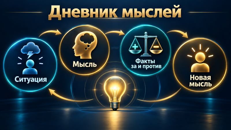 Схема дневника мыслей: ситуация, мысль, факты, новая мысль