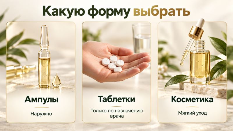 Формы никотиновой кислоты для волос: ампулы, таблетки, косметика
