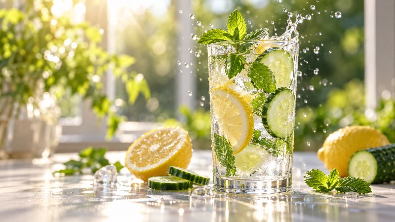 Стакан воды с лимоном, огурцом и мятой — очищающая диета