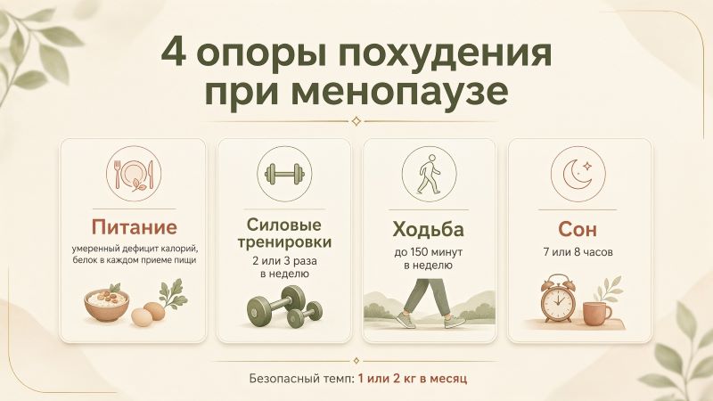 4 опоры похудения при менопаузе: питание, спорт, ходьба, сон