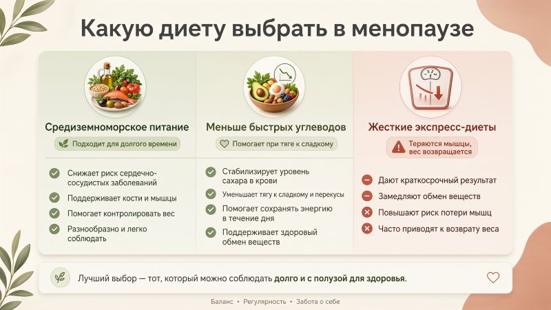 Сравнение диет при менопаузе: средиземноморская, низкоуглеводная