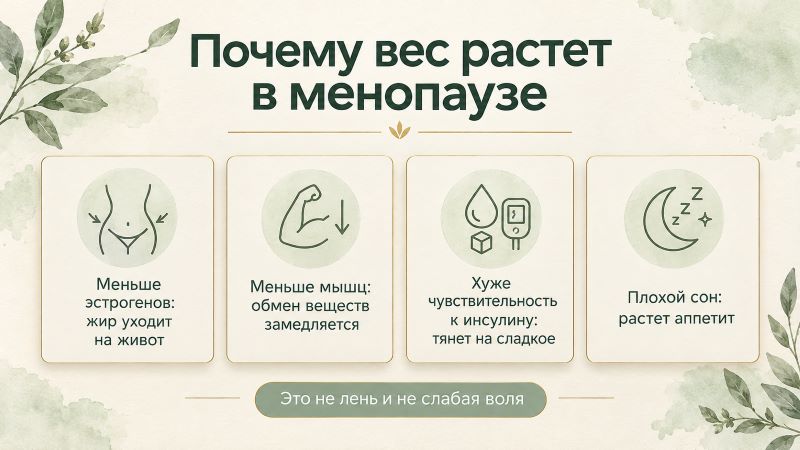 Причины набора веса в менопаузе: гормоны, мышцы, инсулин, сон