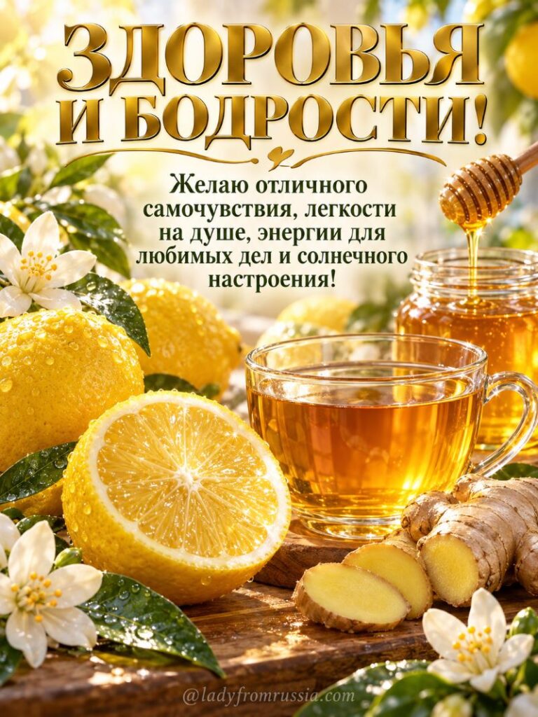 Открытка здоровья: чай с лимоном, имбирем и медом на солнце