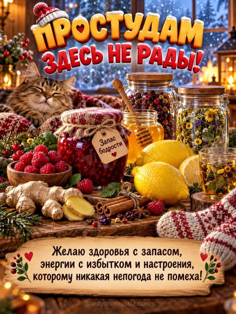 Зимняя открытка: чай, малина, мед, лимон и кот против простуды