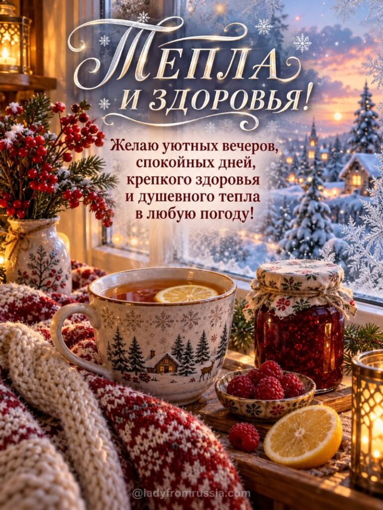 Зимняя открытка с пожеланием тепла и здоровья: чай, малина, плед