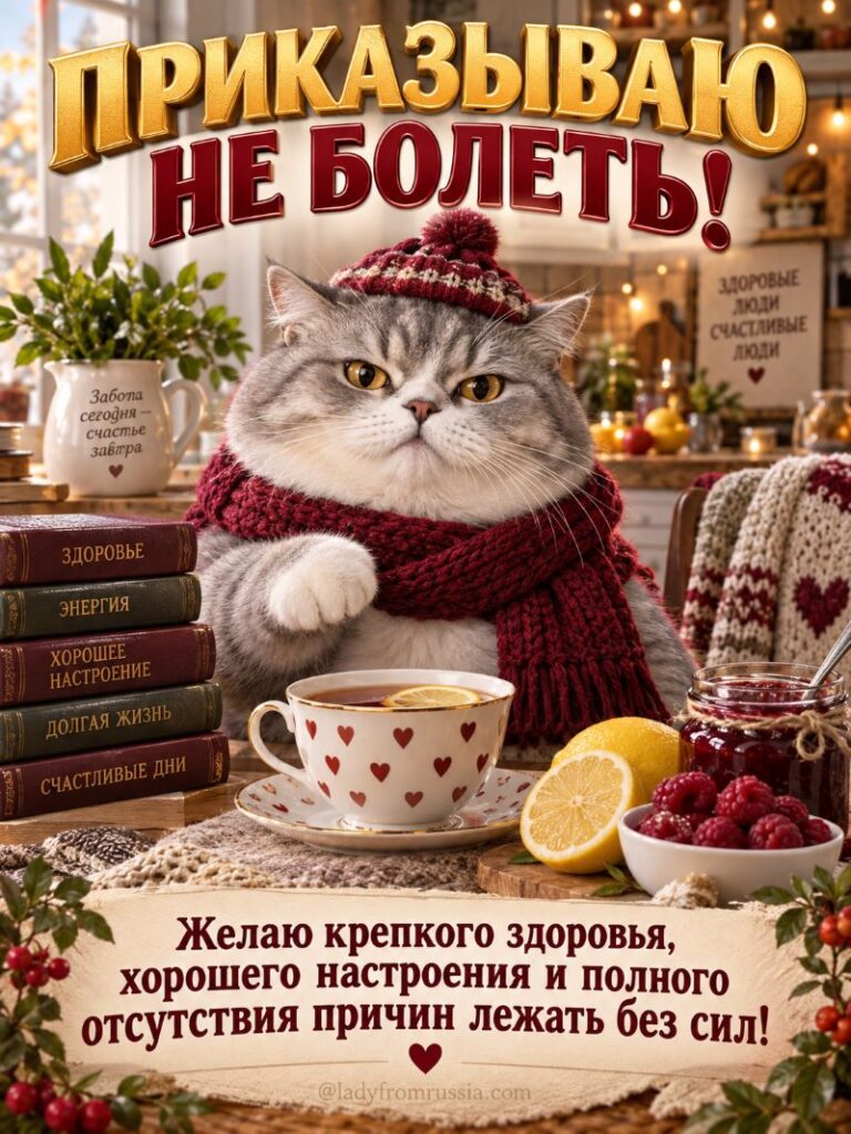 Открытка «Приказываю не болеть»: кот в шапке, чай, лимон, варенье