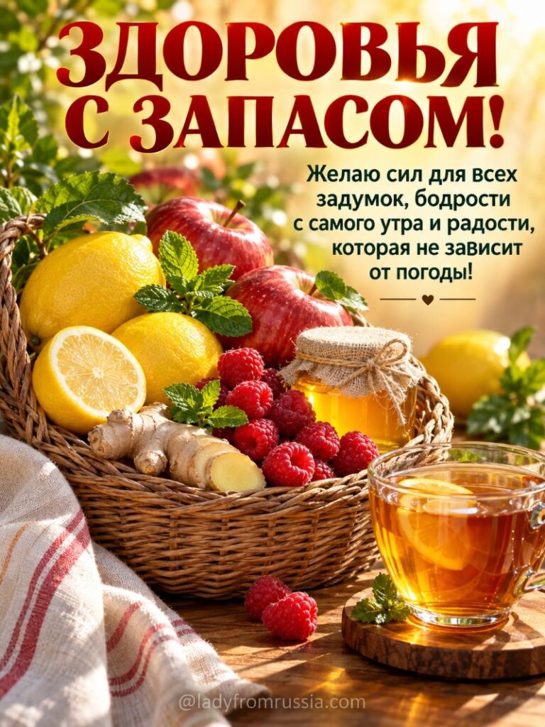 Открытка «Здоровья с запасом»: корзина с яблоками, лимоном и медом