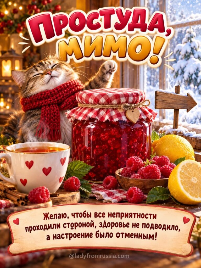 Открытка «Простуда, мимо!»: кот в шарфе, малиновое варенье и чай