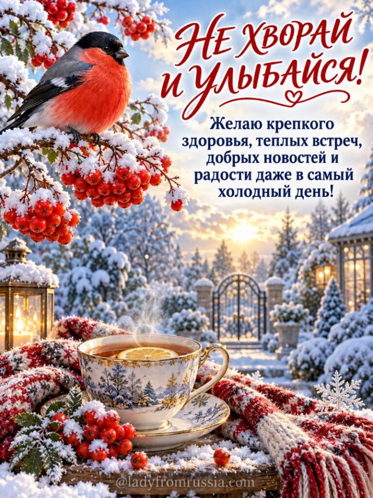 Зимняя открытка «Не хворай и улыбайся»: снегирь, чай и рябина