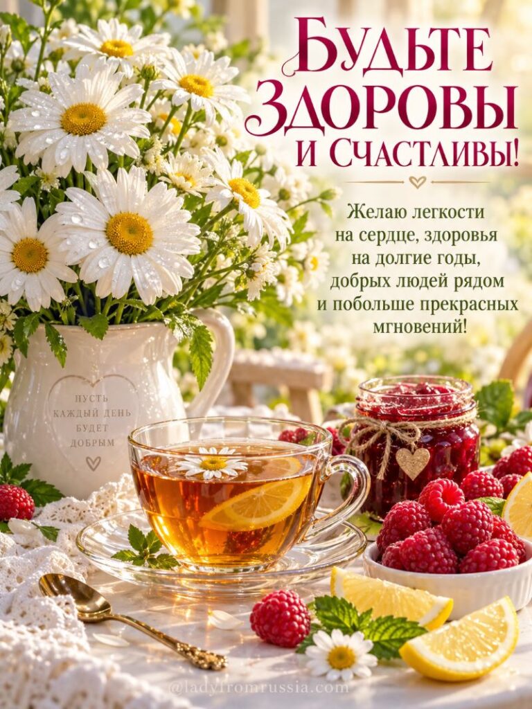 Открытка «Будьте здоровы и счастливы»: ромашки, чай и малина