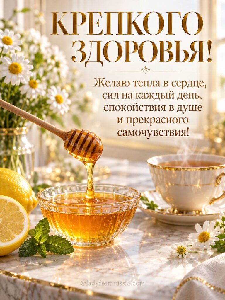 Открытка «Крепкого здоровья!»: мед, лимон, ромашки и чай