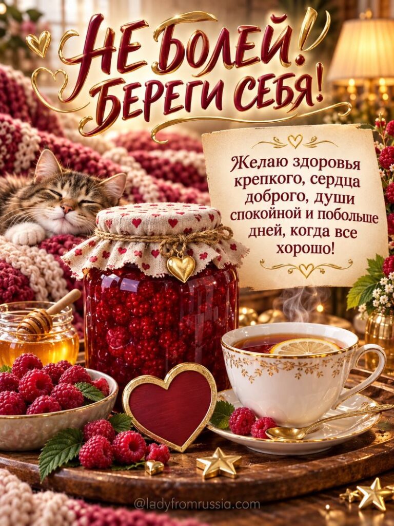 Открытка «Не болей! Береги себя!»: кот, малиновое варенье и чай