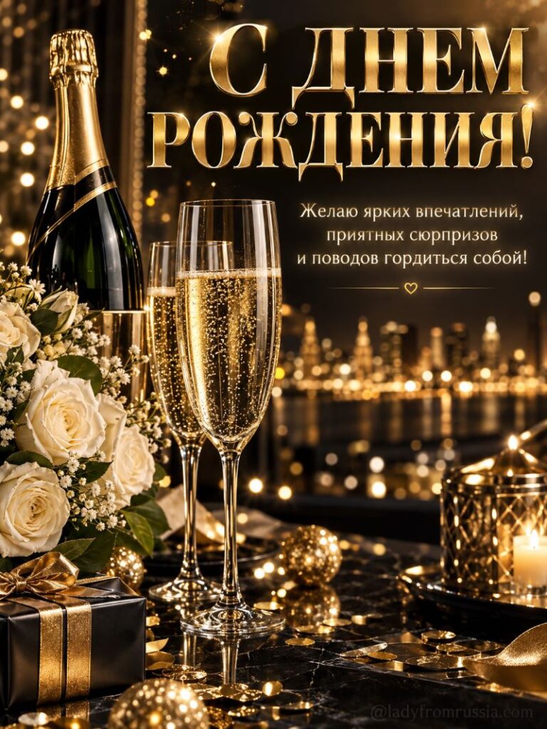 Поздравление с днем рождения: шампанское, розы и золотые огни