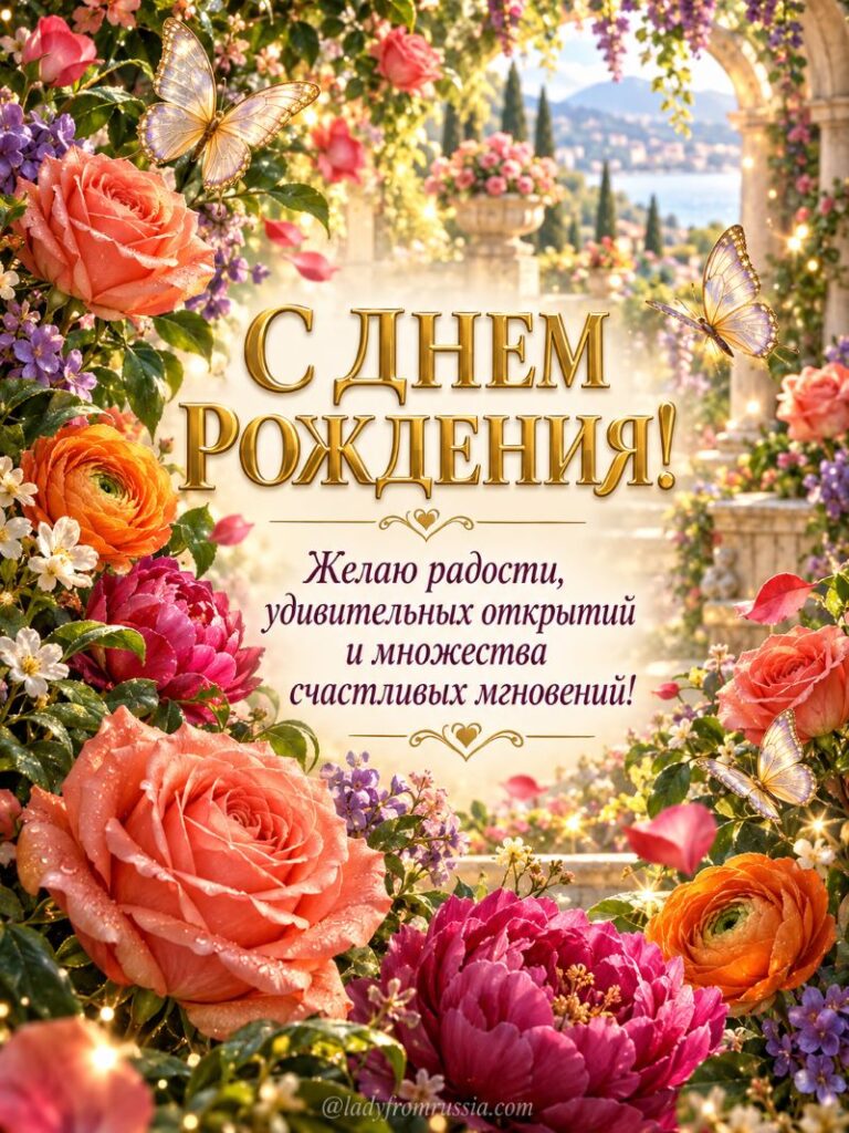 Открытка с днем рождения: цветы, бабочки и морской пейзаж