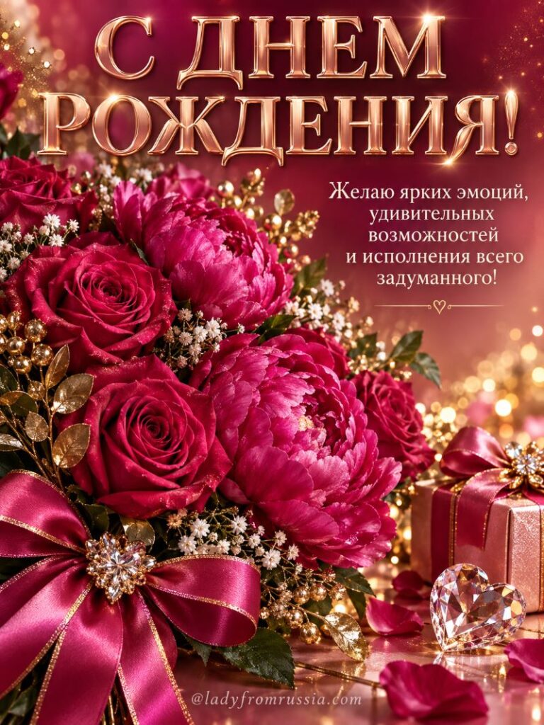 Открытка с днем рождения: малиновые пионы, розы и подарок