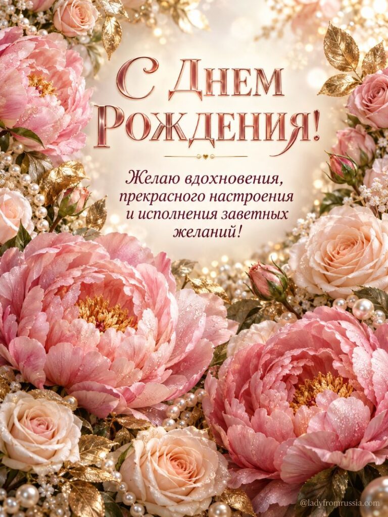 Открытка с днем рождения: розовые пионы, розы и жемчуг