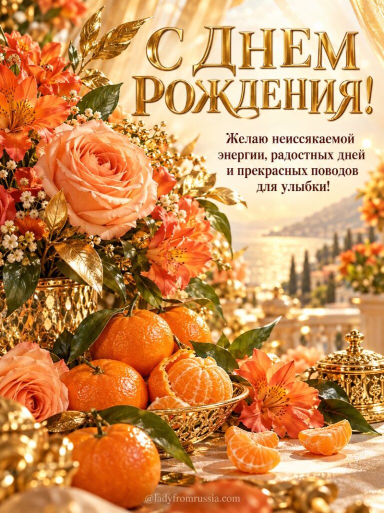 Открытка с днем рождения: мандарины, розы и морской пейзаж