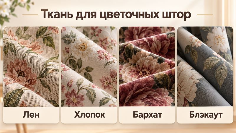 Виды тканей для цветочных штор: лен, хлопок, бархат, блэкаут