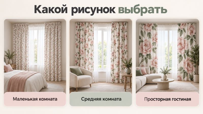 Выбор цветочного рисунка штор по размеру комнаты: спальня, гостиная