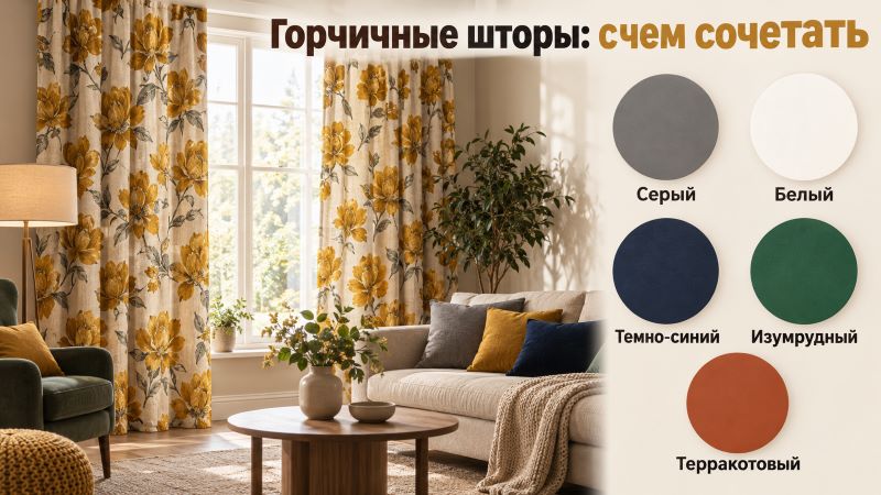 Горчичные шторы с цветами: сочетание с серым, синим и зеленым
