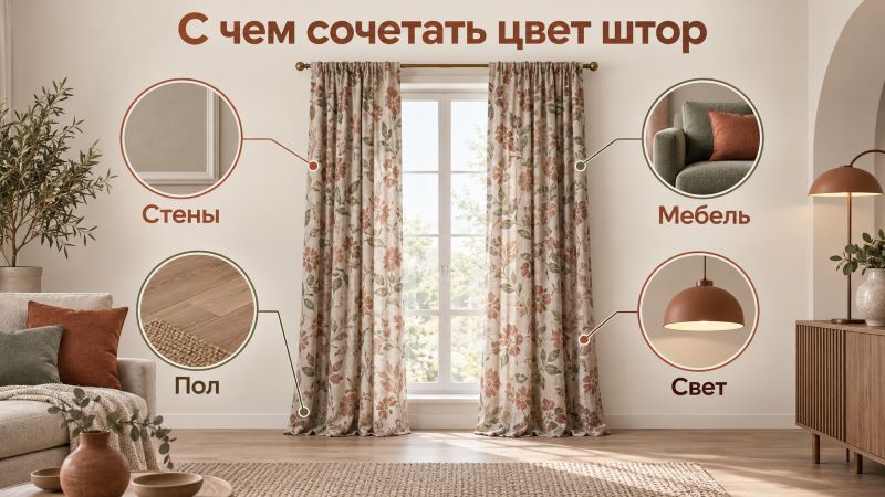 С чем сочетать цветочные шторы: стены, пол, мебель и освещение