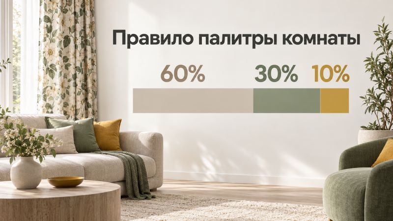 Правило палитры 60-30-10 в интерьере с цветочными шторами