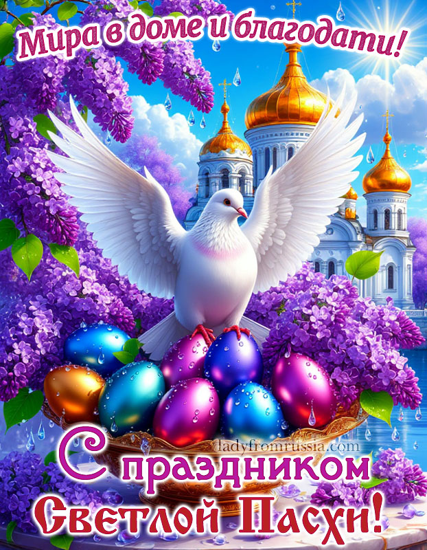 открытки с праздником светлой пасхи, с белым голубем, яркими яйцами, сирень, на фоне православного храма