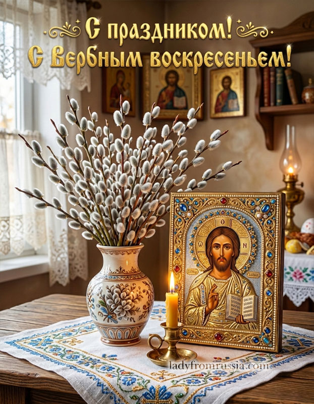 Открытка Вербное воскресенье красивая православная, с вербой и иконой