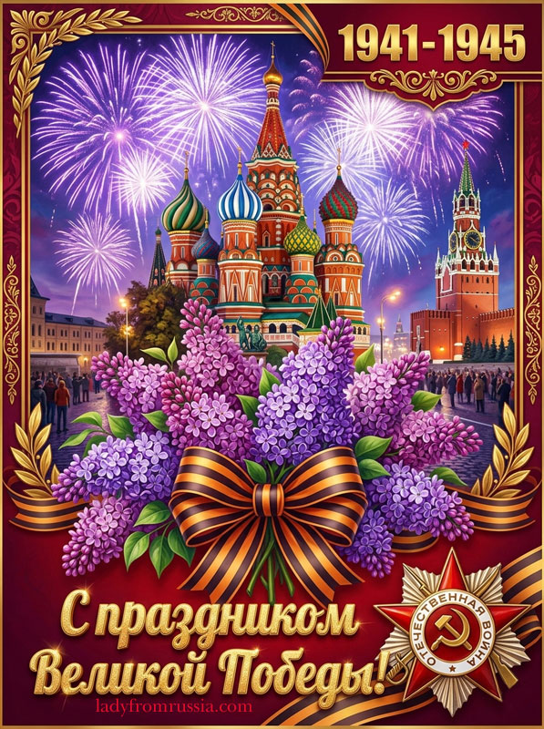 Красивая открытка с Днем Победы, открытка с Кремлем, салют, с поздравлением с праздником Великой победы