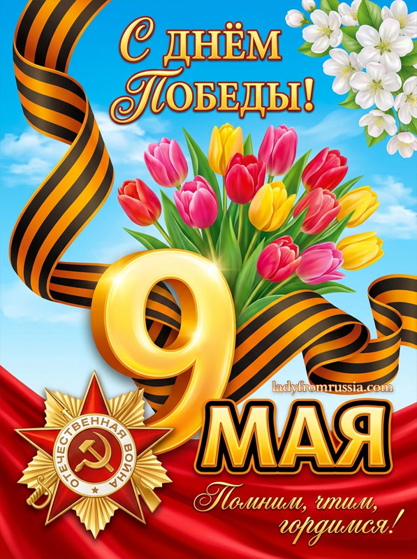 Картинка на 9 мая День Победы, открытка с тюльпанами и надписью: помним, чтим, гордимся