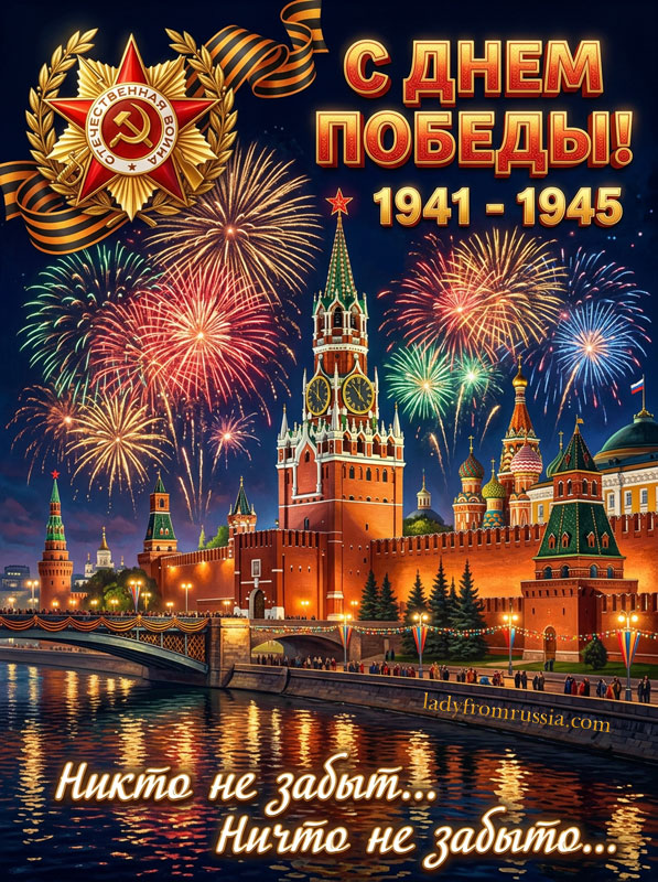 Скачать открытку с Днем Победы, картинка с надписью: никто не забыт, ничто не забыто, кремль, салют