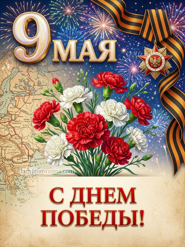 С Днем Победы 9 мая картинка красивая, открытка с букетом гвоздик и георгиевской лентой