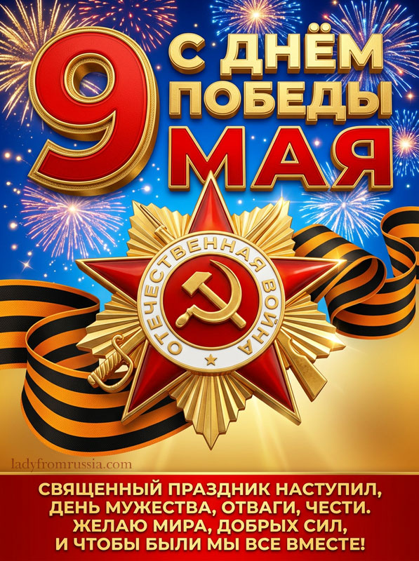 Поздравительная открытка к 9 мая, картинка с Днем Победы с пожеланием в стихах: Великий праздник наступил, день мужества, отваги, чести. Желаю мира, добрых сил и чтобы были мы все вместе