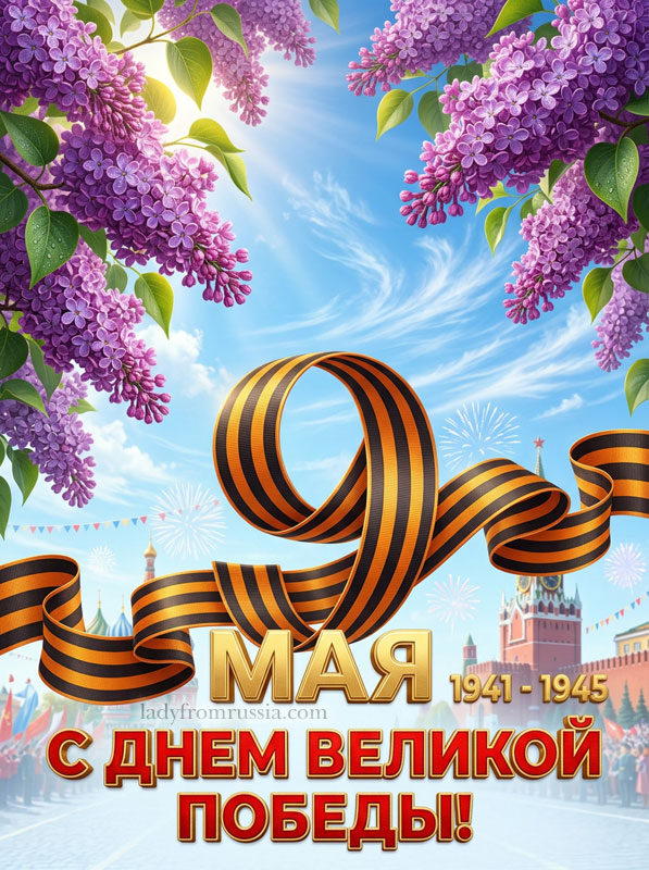 Открытка с Днем Победы скачать бесплатно, картинка с сиренью и георгиевской лентой