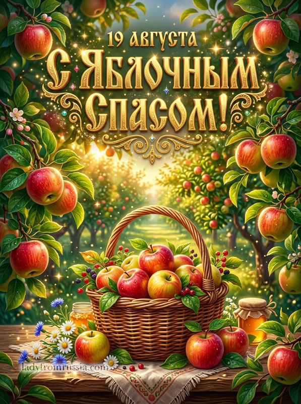 Открытка с Яблочным Спасом бесплатно, картинка с корзиной яблок