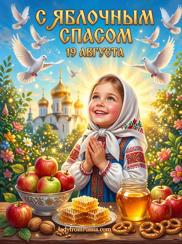 Открытка с Яблочным Спасом 19 августа, картинка с девочкой, яблоками и медом
